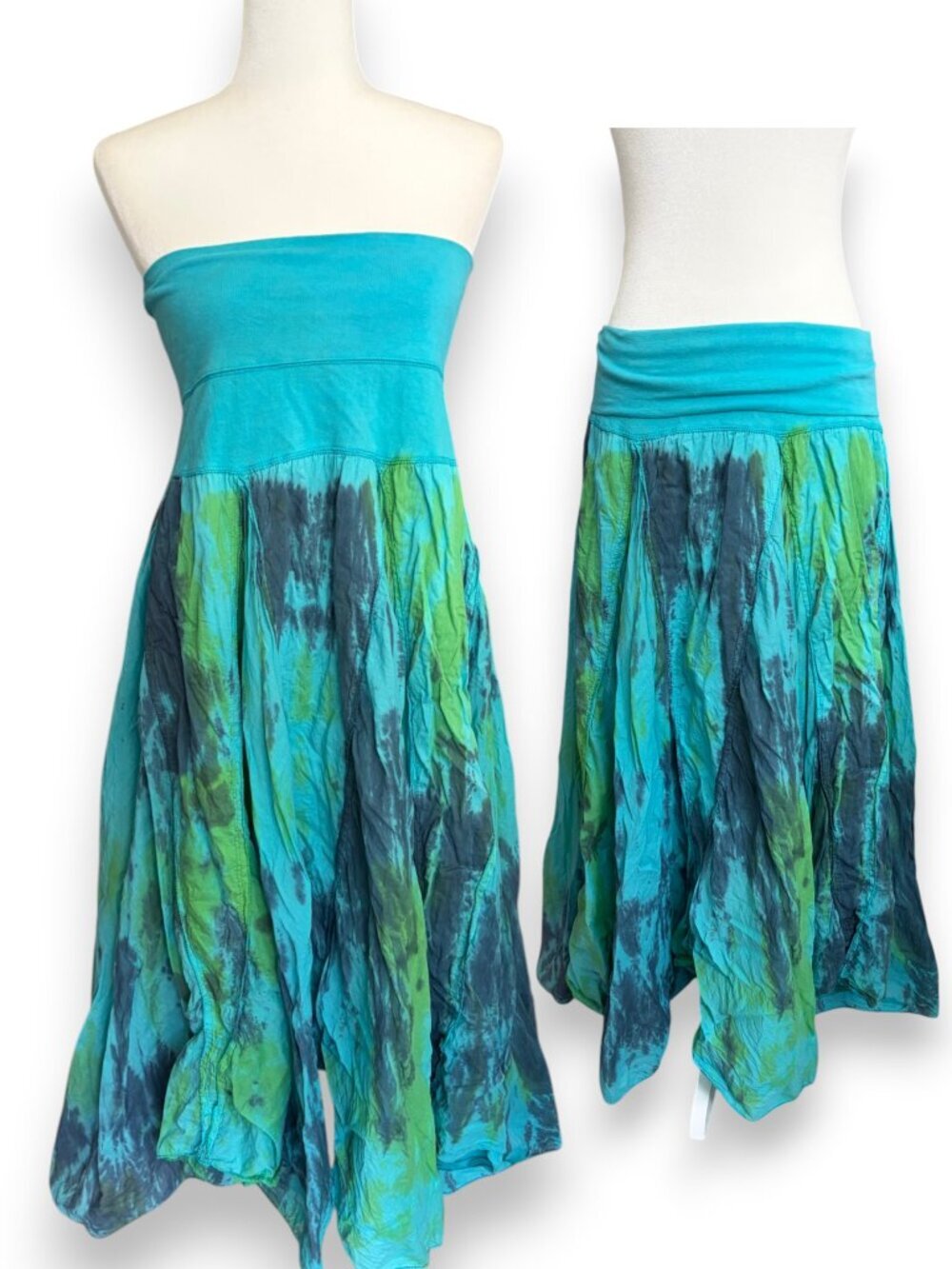 Y2K Bohemian Asymmetrica hem Tie Dye Strapless Dress Maxi Skirt Roll Over Waist
